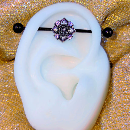 14G Pink Gem Black Skull Cross Industrial Barbell 38mm