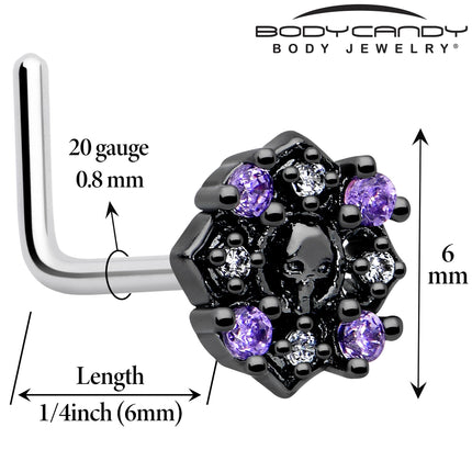 20G 7mm Pink Gem Skull Cross L Shape Nose Ring