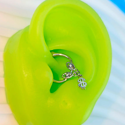 16G 5/16 Clear Gem Dollar Sign Dangle Hinged Segment Ring