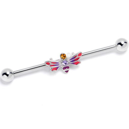 14G Yellow Purple Gem Dragonfly Stripe Industrial Barbell 38mm