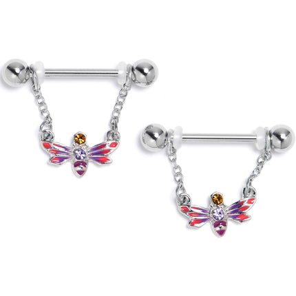 14G 9/16 Purple Yellow Gem Dragonfly Stripe Dangle Nipple Ring Set