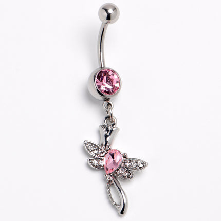 Pink Gem Bold Dragonfly Dangle Belly Ring