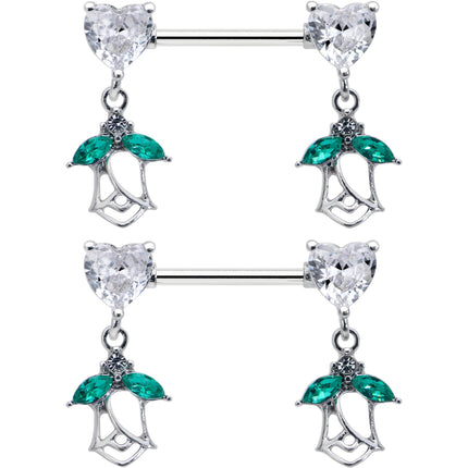 14G 9/16 Clear CZ Gem Hearts And Roses Dangle Nipple Ring Set