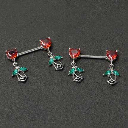 14G 9/16 Red CZ Gem Hearts And Roses Dangle Nipple Ring Set