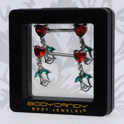 14G 9/16 Red CZ Gem Hearts And Roses Dangle Nipple Ring Set