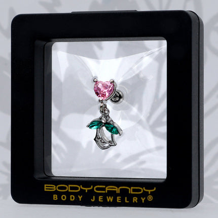 16G 1/4 Pink CZ Gem Heart And Rose Dangle Cartilage Earring