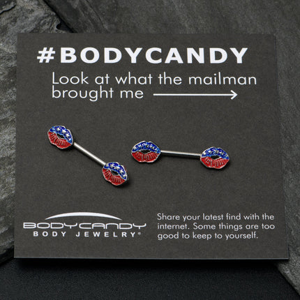 14G 9/16 Patriotic Kissy Lips Barbell Nipple Ring Set