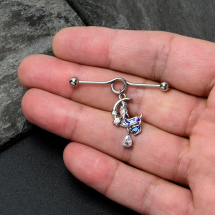 14G Clear Gem Floral Mermaid Moon Dangle Project Bar 38mm