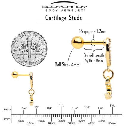 16G 1/4 Clear CZ Gem Gold Tone Heart Moon Dangle Cartilage Earring