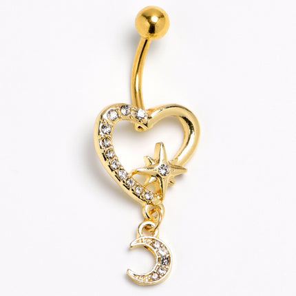 Clear Gem Gold Tone Heart Moon Dangle Belly Ring