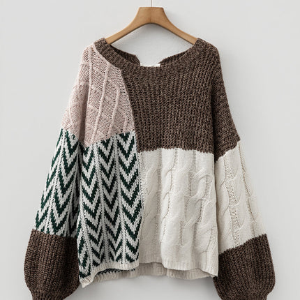 Brown Colorblock Patchwork Knotted Back Loose Fit Sweater