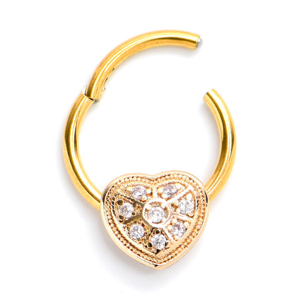 16G 3/8 Clear Gem Gold Tone Ultra Luxe Heart Hinged Segment Ring
