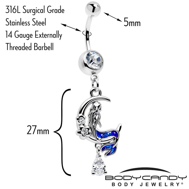 Clear Gem Floral Mermaid Moon Dangle Belly Ring