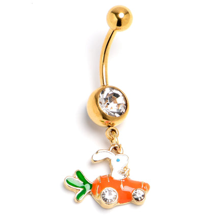 Clear Gem Gold Tone Rabbit Carrot Car Dangle Belly Ring