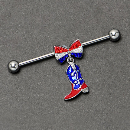 14G Red Blue Gem Bow Cowboy Boot Patriotic Industrial Barbell 38mm