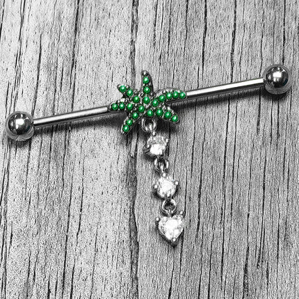 14G Clear Gem Palm Tree Love Dangle Industrial Barbell 38mm