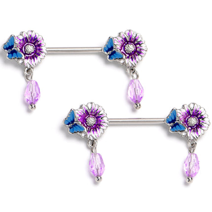 14G Purplish Passion Flower Butterfly Dangle Nipple Ring Set