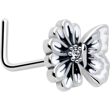 20G 1/4 Clear CZ Gem Butterfly Blossom White L Shape Nose Ring