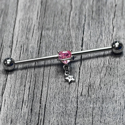 14G Pink CZ Gem Starry Saturn Heart Dangle Industrial Barbell 38mm