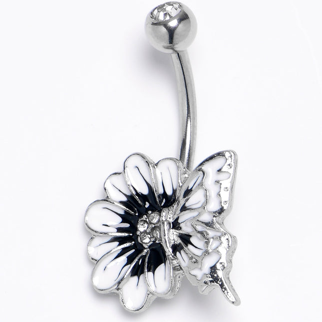 Clear Gem White Flower Butterfly Belly Ring