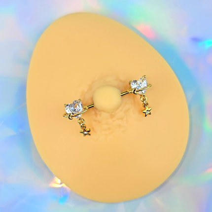 14G 9/16 Clear Gem Gold Tone Starry Heart Dangle Nipple Ring Set