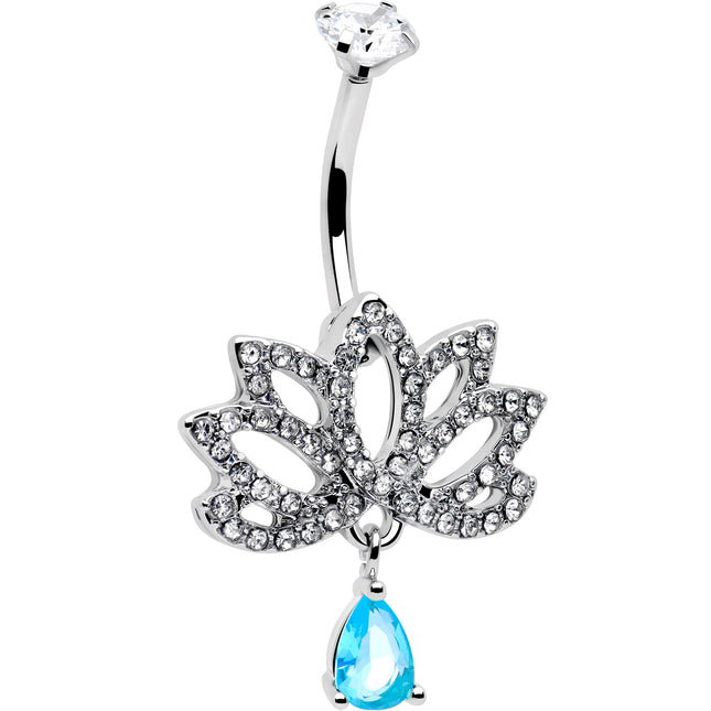 Clear Blue CZ Gem Fashion Flower Lotus Flower Dangle Belly Ring