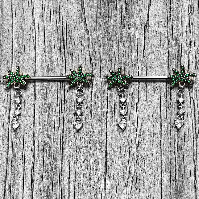 14G 9/16 Clear Gem Palm Tree Love Dangle Nipple Ring Set