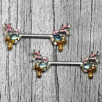 14G 9/16 Blue Aurora Gem Abstract Mermaid Barbell Nipple Ring Set