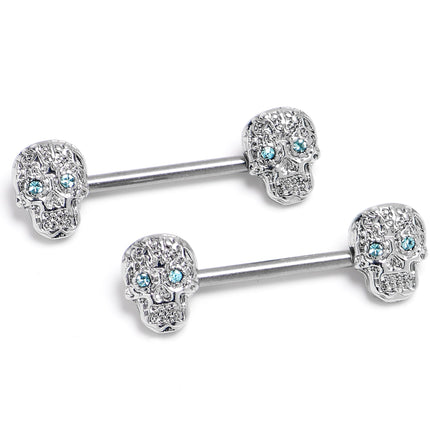 14G 9/16 316L Steel Skulls Blue Gem with Titanium Barbell Nipple Rings