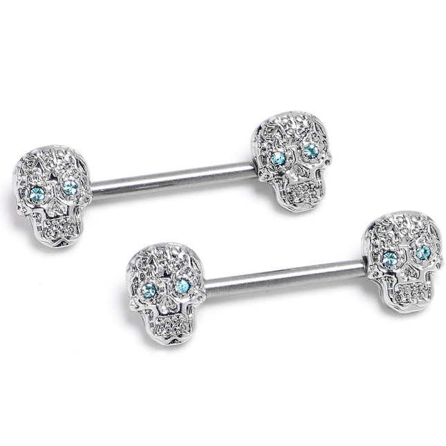14G 9/16 316L Steel Skulls Blue Gem with Titanium Barbell Nipple Rings