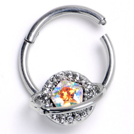 16G 3/8 Aurora Clear CZ Gem Textured Saturn Hinged Segment Ring