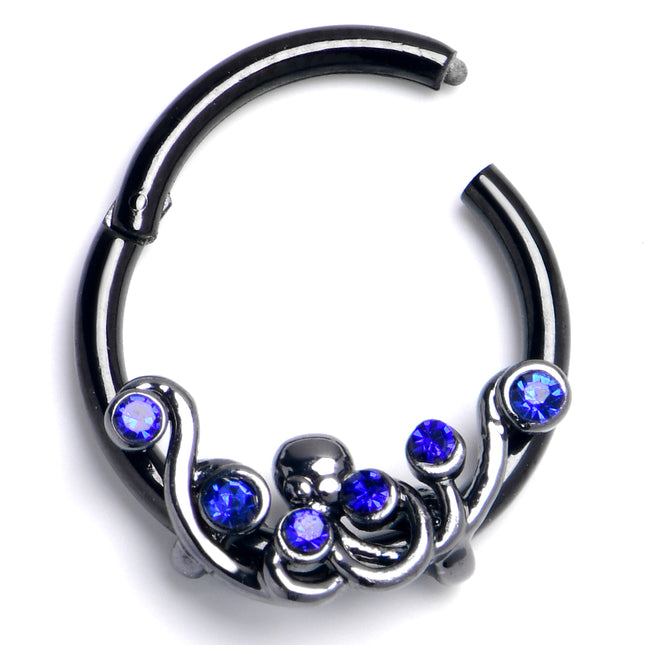 16G 3/8 Blue Gem Black Scrolling Elegance Hinged Segment Ring