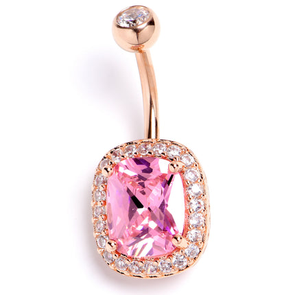 Clear Pink CZ Gem Rose Gold Tone Rococo Square Belly Ring