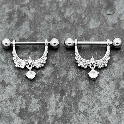 14G 9/16 Clear CZ Gem Alluring Wings Dangle Nipple Ring Set