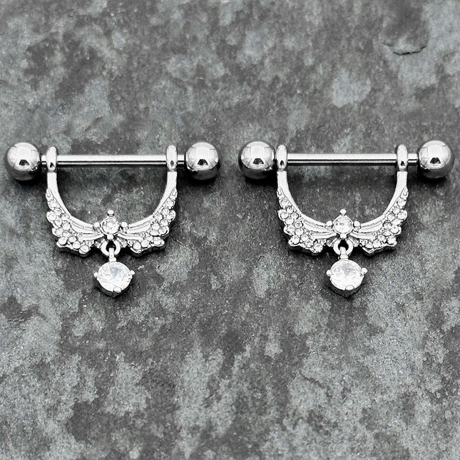 14G 9/16 Clear CZ Gem Alluring Wings Dangle Nipple Ring Set