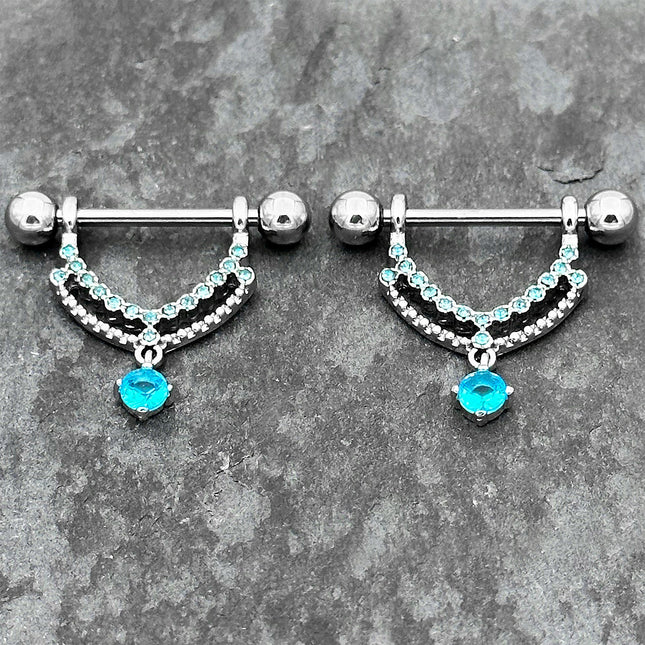 14G 9/16 Blue CZ Gem Double Curvation Dangle Nipple Ring Set