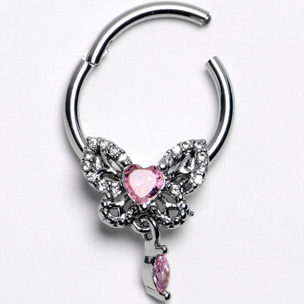16G 3/8 Clear Gem Whimsical Butterfly Segment Ring with Dangle
