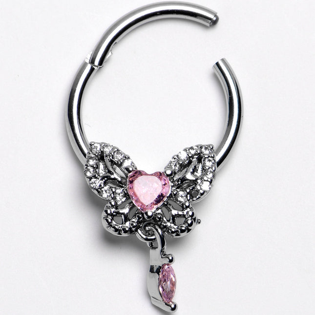 16G 3/8 Clear Gem Whimsical Butterfly Segment Ring with Dangle