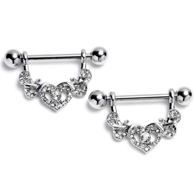 14G 9/16 Clear Gem Ornate Hearts Dangle Nipple Ring Set