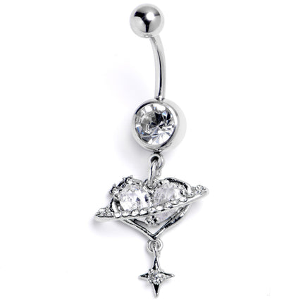 Clear CZ Gem Starry Heart Dangle Belly Ring