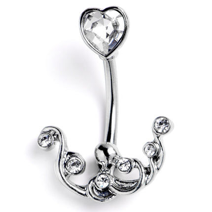 Clear Gem Heart Scrolling Elegance Double Mount Belly Ring