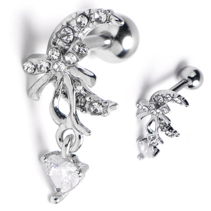 16G 1/4 Clear Gem Moon Bow Heart Dangle Cartilage Tragus Earring