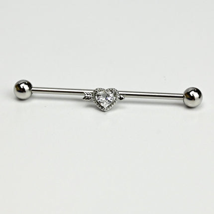 14G Clear Gem Fusion of Love Arrow Heart Industrial Barbell 38mm
