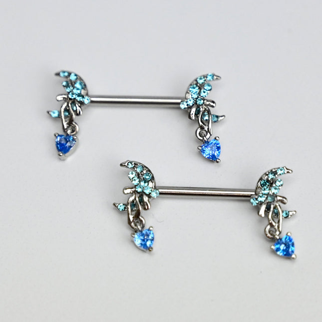 14G 9/16 Blue Gem Moon Bow Heart Dangle Nipple Ring Set