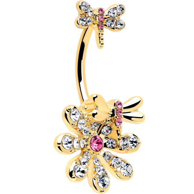 Clear Pink Gem Gold Tone Flower Bug Double Mount Belly Ring