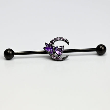 14G Purple Gem Black Moon Butterfly Heart Industrial Barbell 38mm