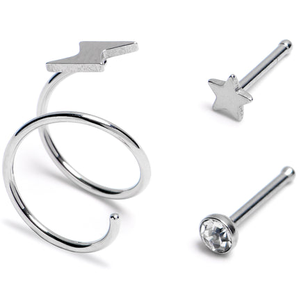 20G Clear Gem Star Spiral Nose Ring 3 Pack