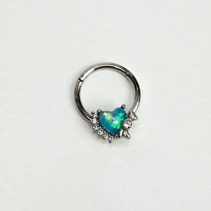 16G 3/8 Green Faux Opal Sunny Heart Hinged Segment Ring