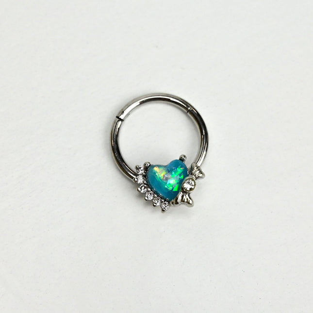 16G 3/8 Green Faux Opal Sunny Heart Hinged Segment Ring