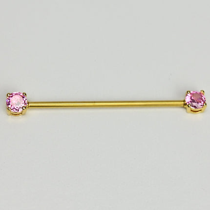 14G Pink Gem Gold Tone Internally Threaded Industrial Barbell 38mm